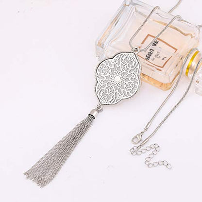 MOLOCH Long Necklaces For Woman Disk Circle Pendant Necklaces Tassel Fringe Necklace Set Statement Pendant - color: quatrefoil-shaped-silver