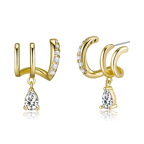 Obidos 14K Gold Plated Illusion Stud Earrings for Women | Triple Huggie Hoop Earrings for One Hole| Trendy Simple Hypoallergenic Fashion Accessories Gold Jewelry Gifts for Womens - color: Teardrop Gold