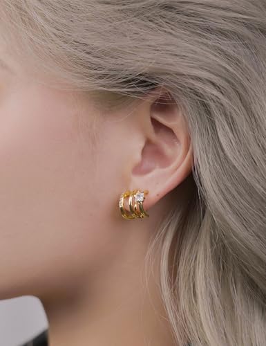 FAN&LOUIS Clip On Earrings Women, Gold Silver Triple Huggie Stud Clip-on Earrings Cubic Zirconia|Double Huggie Hoop Gold Hoop Earrings Clips for Women Trendy Lightweight - style: Gold