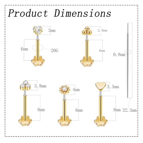 5Pairs 18G 20G Threadless Earring for Women 316L Stainless Steel Push in Earrings CZ Flower Flat Back Stud Earrings Cartilage Helix Tragus Lobe Stud Labret Monroe Threadless Nose Studs
