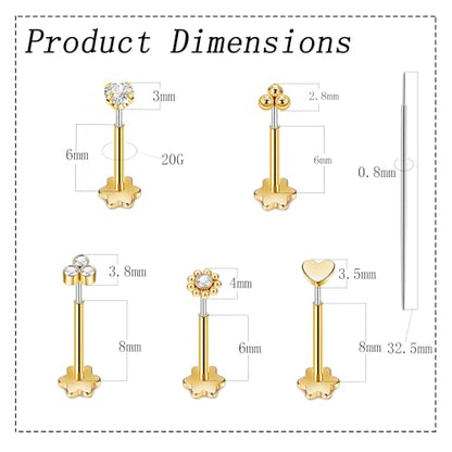 5Pairs 18G 20G Threadless Earring for Women 316L Stainless Steel Push in Earrings CZ Flower Flat Back Stud Earrings Cartilage Helix Tragus Lobe Stud Labret Monroe Threadless Nose Studs
