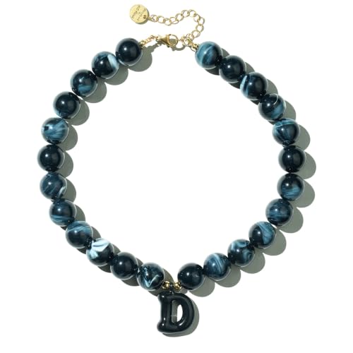 DoDoBeads Chunky Colorful Beaded Initial Necklace, Bubble Letter Choker | Gift box and dust pouch included; waterproof and sweat-resistant with real gold plated stainless steel hardware - color: Black-D