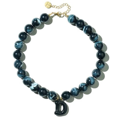 DoDoBeads Chunky Colorful Beaded Initial Necklace, Bubble Letter Choker | Gift box and dust pouch included; waterproof and sweat-resistant with real gold plated stainless steel hardware - color: Black-D