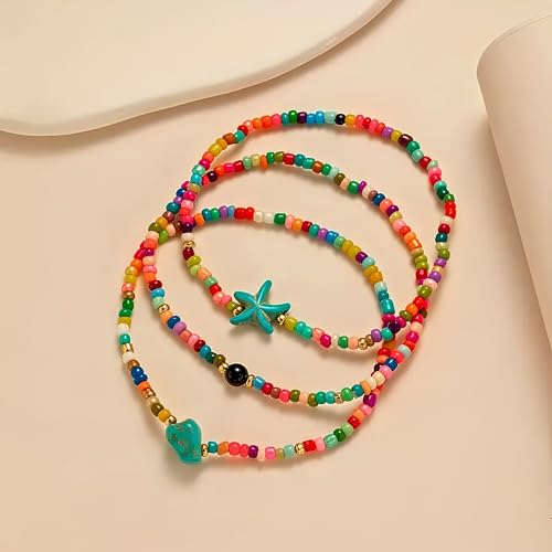 Boho Shell Anklets for Women, 3-Pack Layered Waterproof Ankle Bracelet, Seashell & Starfish Bead Foot Jewelry for Summer Beach Outfits - color: Summer Multi