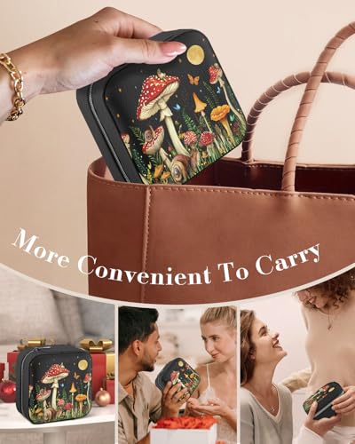Bistup Travel Jewelry Case - Small Jewelry Organizers and Storage Box for Women Girls Teens Cute Traveling Jewelry Holder with Mirror Little Tiny Compact Modern Unique Aesthetic Pretty, Mushroom - style: Mushroom