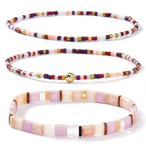 Boho 3Pcs Tila Flat Seed Beads Stack Bracelets Set for Women, Romantic Handmade Cute Gold Plated Paperclip Link Colorful Glass Ball Stretch Accessories Jewelry, Party Friendship Gift - color: Blue