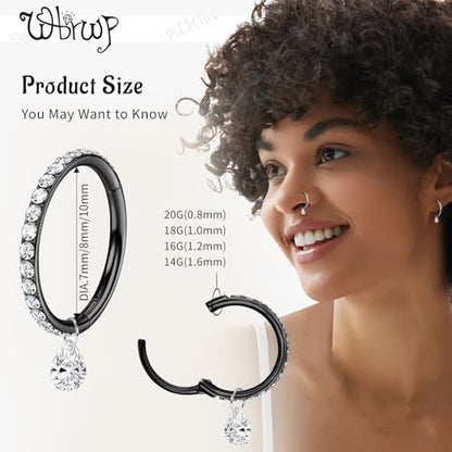 WBRWP 316L Stainless Steel Nose Hoop Rings Clicker with Zircon/Opal 14g-20g | Hypoallergenic Nose Rings Segment Clicker Lip Rings Cartilage Rook Conch Earrings Diameter 5mm-10mm - color: Black ring with zircon and dangle-1pc pack