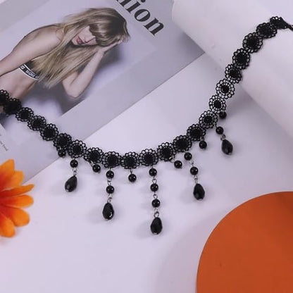 Gothic Necklace for Women Goth Lace Necklace Choker Halloween Witch Accessories Velvet Vampire Jewelry - color: E-Black