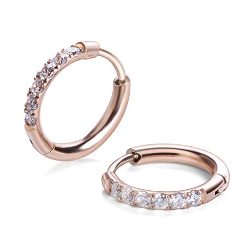 Hypoallergenic Unisex Surgical Steel Small Cubic Zirconia Huggie Hoop Earring, Color Gold - Silver - Rose Gold - Black - Rainbow, Size 6mm- 12mm Safe for Sensitive Ear - style: H01 : 12MM Rose Gold Hoops(2mm thickness)