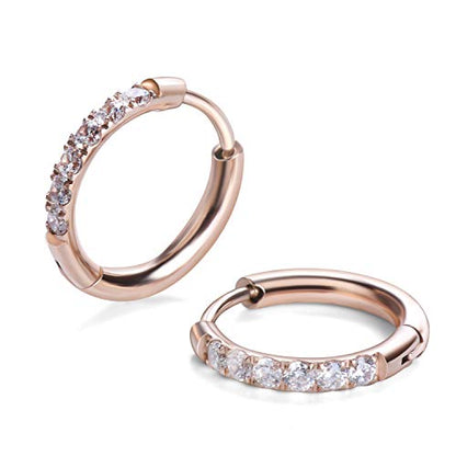 Hypoallergenic Unisex Surgical Steel Small Cubic Zirconia Huggie Hoop Earring, Color Gold - Silver - Rose Gold - Black - Rainbow, Size 6mm- 12mm Safe for Sensitive Ear - style: H01 : 12MM Rose Gold Hoops(2mm thickness)
