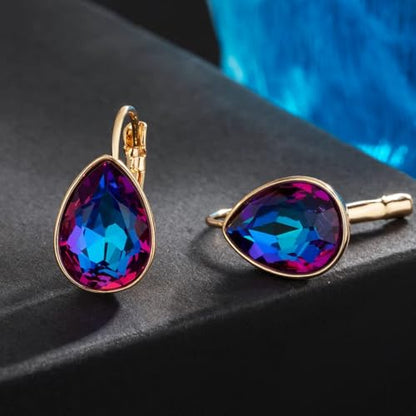 Austrian Crystal Teardrop Leverback Drop Earrings for Women | 14K Gold-Plated Finish, Sparkling Pear Stone, Smooth Bezel Frame, Secure Leverback Closure, Dainty Day-To-Evening Style - color: Blue-Violet