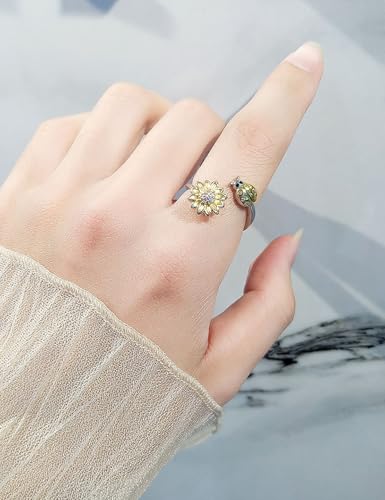 Anxiety Rings for Women – Adjustable Flower Spinner Ring, Daisy & Sunflower Fidget Ring, Gold Plated Calming Jewelry - style: Style 08