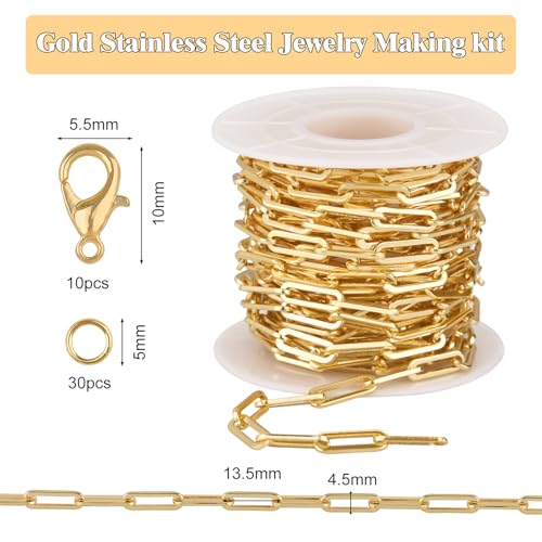 GTVOODX Chunky Paperclip Chain Roll Gold Plated Stainless Steel Chain Bulk | 4 Meters Handmade Paper Clip Chains Spool Bulk for Women Jewelry Making Permanent Jewelry with Lobster Clasps Jump Rings - color: Gold Thick Paperclip Chains