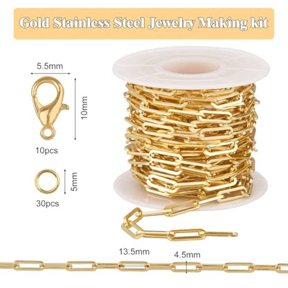 GTVOODX Chunky Paperclip Chain Roll Gold Plated Stainless Steel Chain Bulk | 4 Meters Handmade Paper Clip Chains Spool Bulk for Women Jewelry Making Permanent Jewelry with Lobster Clasps Jump Rings - color: Gold Thick Paperclip Chains