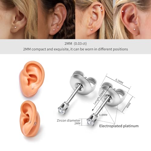 316L Stainless Steel Stud Set for Women Men, 20G Hypoallergenic Cartilage Jewelry with 2mm–8mm CZ Zirconia, Silver & Gold for Sensitive Ear Piercing - color: Silver