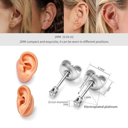 316L Stainless Steel Stud Set for Women Men, 20G Hypoallergenic Cartilage Jewelry with 2mm–8mm CZ Zirconia, Silver & Gold for Sensitive Ear Piercing - color: Silver