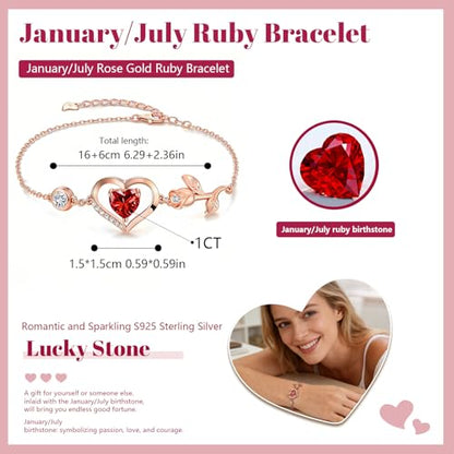 1CT Rose Heart Birthstone Bracelet for Women Love Gift - style: 01/07-Jan/July Ruby Rose Gold