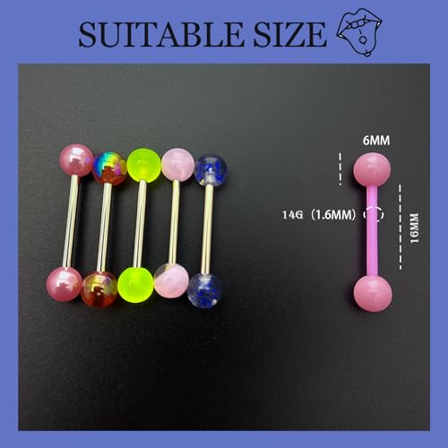 48Pcs 14G Surgical Stainless Steel Tongue Rings Tongue Piercing Jewelry | Straight Tongue Barbells Bars for Women Glow in Dark Candy Cute Color Tongue Ring 16mm