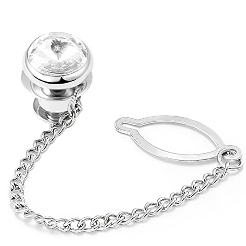 Tie Pins for Men Silver Tie Pins with Chain, Tie Tack Pins Brooch Personalized Wedding Business Gifts - color: White crystal