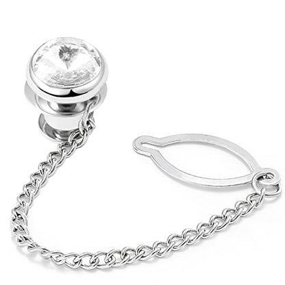 Tie Pins for Men Silver Tie Pins with Chain, Tie Tack Pins Brooch Personalized Wedding Business Gifts - color: White crystal