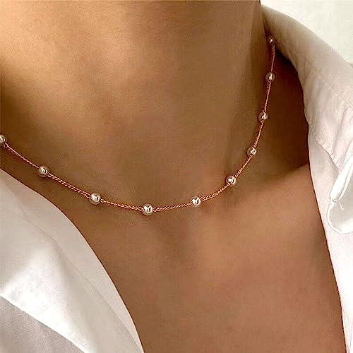 DIBOLA Dainty Pearl Necklaces for Women 14K Gold/Silver Plated Cute Single Pearl Necklace Elegant Small Tiny Pearl Choker Thin Chain Necklace Simple White Pearl Drop Y Long Necklace Freshwater Pearled Pendant Necklace Pearls Jewelry Gift - color: Satellit