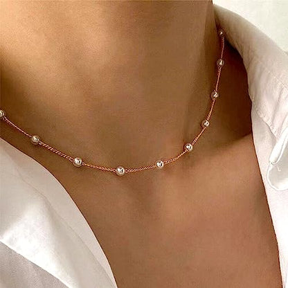 DIBOLA Dainty Pearl Necklaces for Women 14K Gold/Silver Plated Cute Single Pearl Necklace Elegant Small Tiny Pearl Choker Thin Chain Necklace Simple White Pearl Drop Y Long Necklace Freshwater Pearled Pendant Necklace Pearls Jewelry Gift - color: Satellit