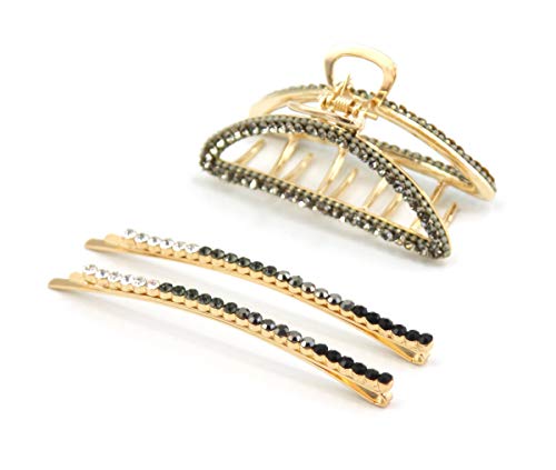 STARGAZER Hair Jaws Claw Clips – 3 Piece Set Ombre Cresent Jaw and Bobby Pin Set Crystal Rhinestone Pearl Metal Decorative Hairpins Fashion Accessories for Women Girls SAM32-5745-6137A Ombre - color: Bobby Pin & Jaw Set-Ombre