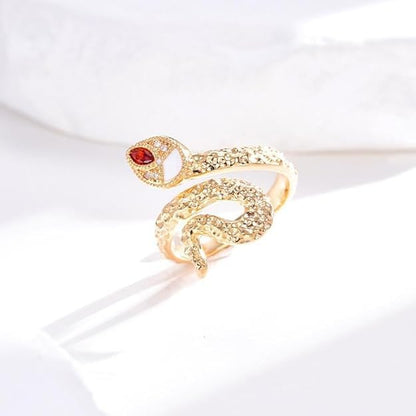 14K Gold-Tone Sterling Silver Adjustable Serpent Ring withRed Zirconia Eyes - Mysterious Snake Jewelry for Women