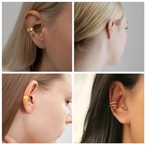 Gold Ear Cuffs Earrings for Women Non Piercing Clip on Cartilage Earrings | Trendy Gold Ear Cuff,Cartilage Clip on Earrings,Thin Huggie Hoop CZ Earring Set ,Fashion Jewelry,Non Tarnish,Gift - style: 3pc chunky cz-gd