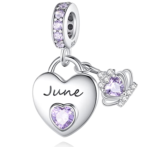 Birthstone Charms for Charms Bracelet: 925 Sterling Silver Heart Dangle Charms for Bracelets and Necklaces, Birthday Mother's Day Christmas Gifts For Women. - color: June