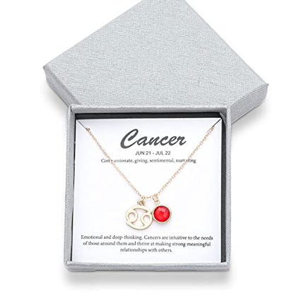 14k Gold Plated Zodiac Birthstone Crystal Pendant Necklace, Horoscope Sign Charm Necklace for Women Birthday Gift - color: Cancer-July