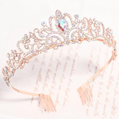 TAROSE Crowns for Women, Queen Crystal Gold Silver Tiaras Goddess Crown | with White Rhinestone and Combs, Wedding Bride Birthday Princess Bridal Shower Hair Accessories for Women - color: 1 D. Rose Gold+AB