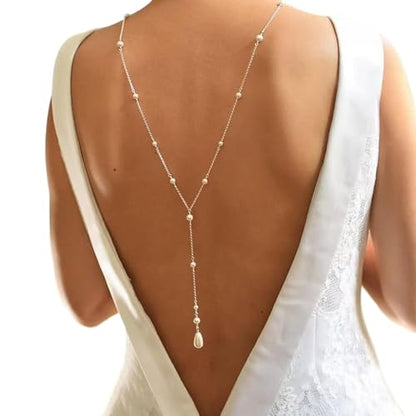 Luxury Pearl Back Chain Jewelry for Women Sexy Simple Bead Backless Necklace Bridal Wedding Pearl Backdrop Dress Accessories Jewelry - color: Silver