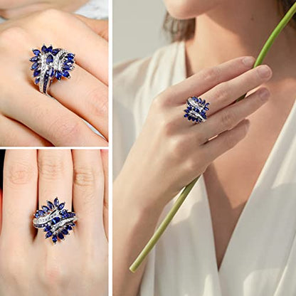 Statement Flower Ring Cocktail Leaf Ring Birthstone Anniversary Signet Ring | Hypoallergenic|14K Gold Plated|Sterling Silver Sparkling Engagement Promise Party Ring for Women, Size 6 to 10(With Box) - color: Leaf - Sapphire