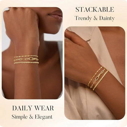 Turandoss Gold Bracelets for Women - Dainty 14K Gold Plated Tennis Bracelet | Stackable Cross Beaded Set, Twisted Rope Chain, Snake Paperclip Chain, Knot Cuff Bracelets for Women, Jewelry Gifts - color: Interlocking Rope Set