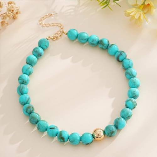 Colorful Chunky Beaded Necklaces for Women Multicolor Large Round Resin Beads Collar Necklace Boho Trendy Statement Chokers Y2K Summer Beach Jewelry - color: Turquoise