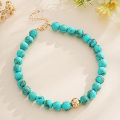 Colorful Chunky Beaded Necklaces for Women Multicolor Large Round Resin Beads Collar Necklace Boho Trendy Statement Chokers Y2K Summer Beach Jewelry - color: Turquoise