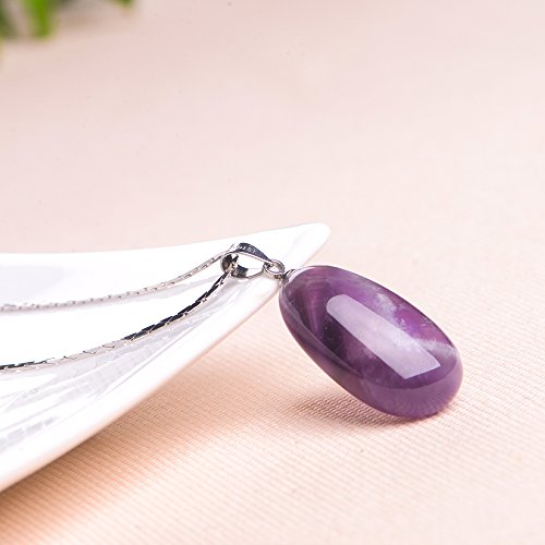iSTONE 925 Sterling Silver Natural Crytral for Womens Pendant Necklace, Gemstone Birthstone with 17.8" Silver Chain Ladies - color: Amethyst Water Drop