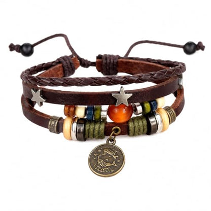 Zodiac Bracelet for Men Women, Adjustable Faux Leather Braided Wrap Bracelet with Vintage Astrology Charm, Gift Jewelry - style: Pisces