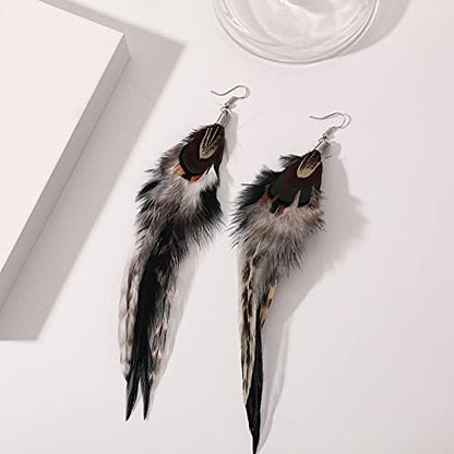 Bohemian Long Feather Earrings for Women Handmade Natural Dangle Tassel Jewelry - color: Style H