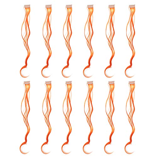 12 Pcs Curly Wavy One Color Party Highlights Clip on in Hair Extensions For Women Colored Hair Streak Synthetic Hairpieces (Orange) - color: Orange