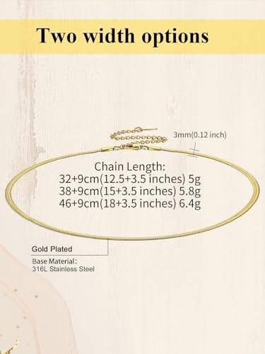 ChainsHouse Flat Snake Chain Herringbone Choker Necklace for Women, Stainless Steel/Rose Gold/18K Gold Plated Dainty Adjustable Simple Short Layered Necklaces, 12"/15"/18" with 3.5" Extender - color: a. 14k gold plated-3mm
