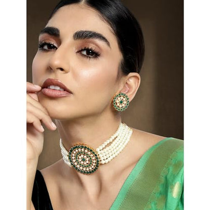 Aheli Pearl Diamond Choker Necklace & Round Earrings Gift for Women Indian Traditional Bollywood Fashion Bharatanatyam jewellery set - color: White & Green