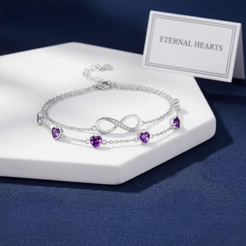 Prismata Infinity Birthstone Charm Link Bracelet/Anklet 925 Sterling Silver Adjustable 12 Months Birthstone Infinity Bracelet/Anklet Birthday Jewelry Gifts for Women Her - color: 02-February, size: 7'+2' Bracelet