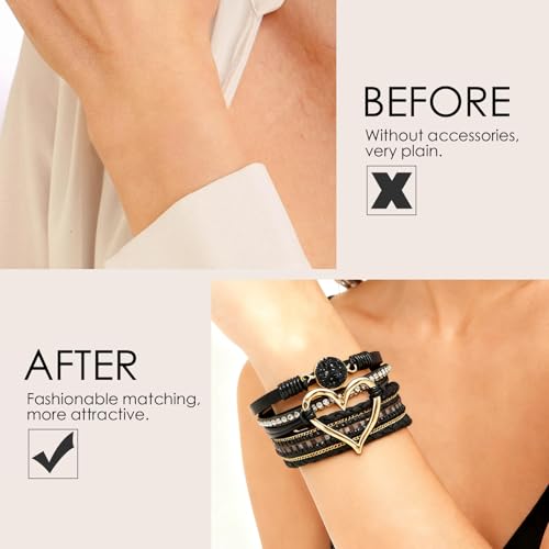 Leather Wrap Bracelets for Women, Boho Leopard Multi-Layer Crystal Beads Cuff Jewelry - color: J-Warp-018