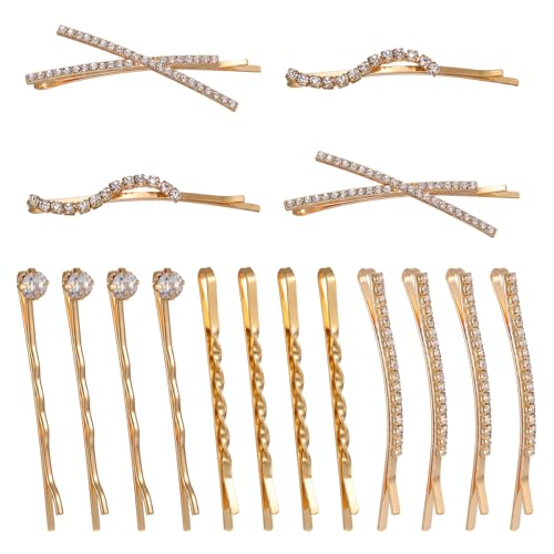 16 Pcs Gold Hair Pins Decorative I S X Shaped Diamond Hair Accessories Gold Rhinestone Bobby Pins Set Fancy Metal Hairs Clips Crystal Shiny Barrettes for Women Wedding Prom Party