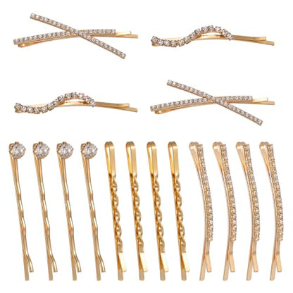 16 Pcs Gold Hair Pins Decorative I S X Shaped Diamond Hair Accessories Gold Rhinestone Bobby Pins Set Fancy Metal Hairs Clips Crystal Shiny Barrettes for Women Wedding Prom Party