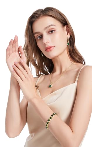 GZWHD Jewelry Set for Women Water Drop Cubic Zirconia Artificial Crystal Earrings Pendant Necklace Open Ring Tennis Bracelet Wedding Anniversary Birthday Engagement Gift for Bridesmaid Wife Girlfriend Friend - color: Gold-Green-No Ring