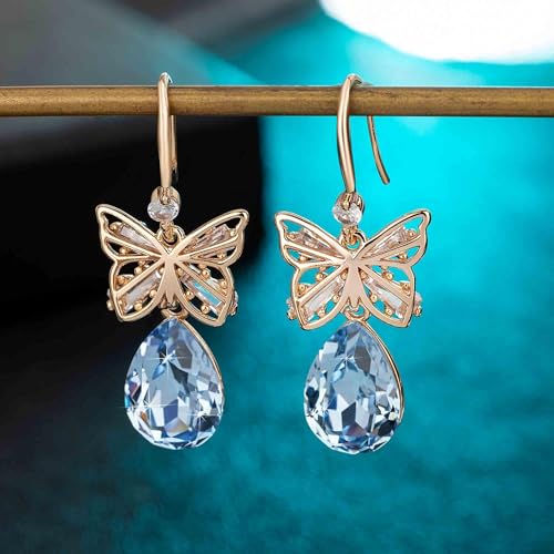 Austrian Crystal Teardrop Butterfly Drop Dangle Earrings for Women 14K Rose Gold Plated Hypoallergenic Jewelry - color: Light Blue