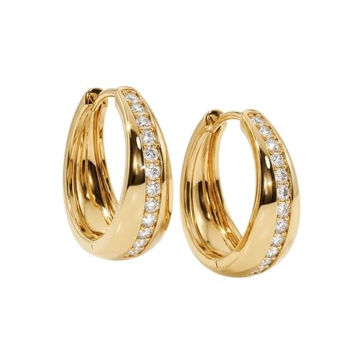 MEVECCO Chunky Huggie Hoop Earrings for Women Starburst Beaded Styles | 18K Gold Plated Brass, Triple Or Single Cubic Zirconia Star Details, Graduated Rounded Profile, Front Stone Row - style: Middle CZ Hoop